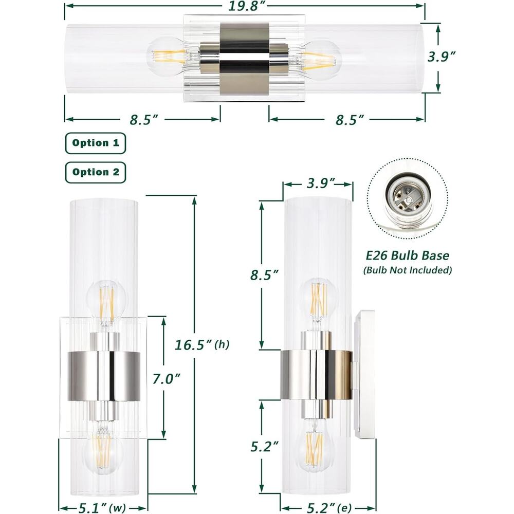 2-Light Polished Nickel Bathroom Vanity Light Clear Ribbed Glass Sconce - Picture 4 of 8